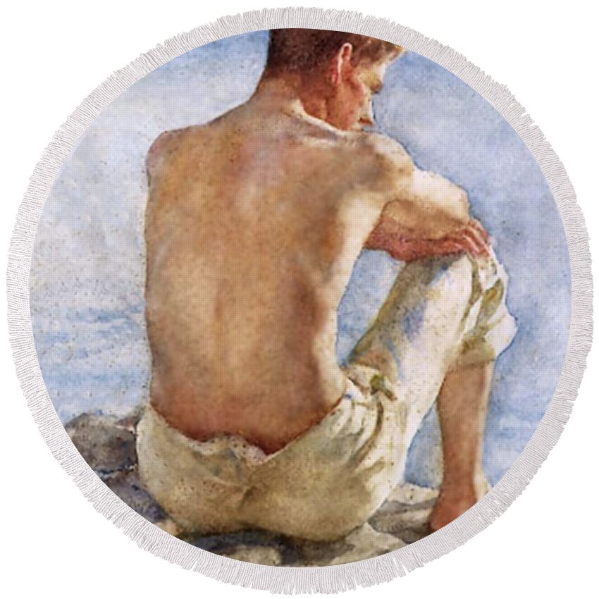 Henry Round Beach Towel featuring the painting Portrait of Charlie Mitchell by Henry Scott Tuke
