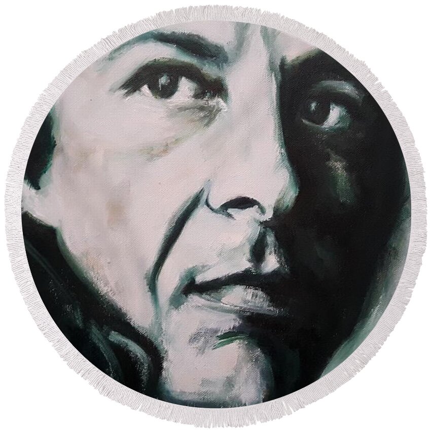 Leonard Cohen Round Beach Towel featuring the painting Portrait of Leonard Cohen by Christel Roelandt