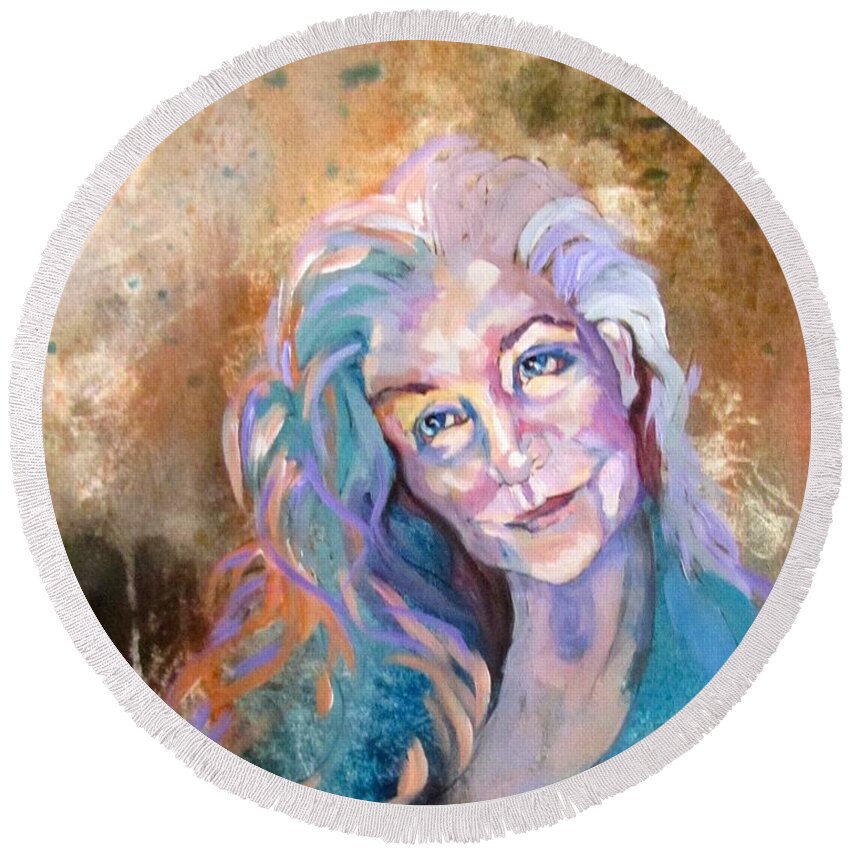 Woman Round Beach Towel featuring the painting Portrait of the Artist by Barbara O'Toole