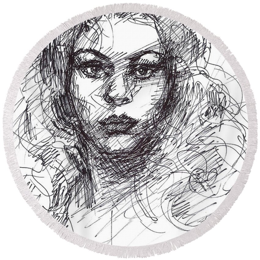 Girl Round Beach Towel featuring the drawing Portrait Sketch by Ylli Haruni