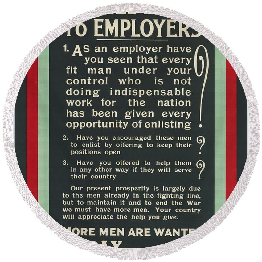 Poster Round Beach Towel featuring the painting Poster 3 Questions to Employers 19141915 United Kingdom by Parliamentary Recruiting Committee by Celestial Images