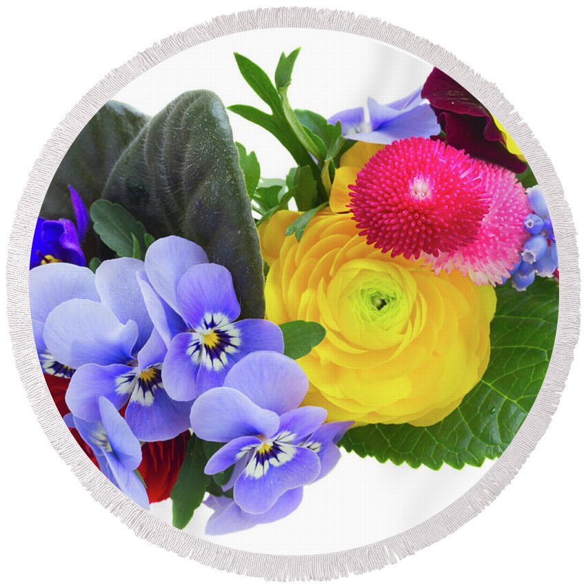 Flowers Round Beach Towel featuring the photograph Posy of Violets, Pansies, Dasies and Ranunculus by Anastasy Yarmolovich