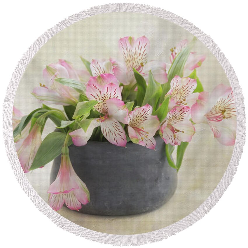 Beautiful Round Beach Towel featuring the photograph Pot of Pink Alstroemeria by Kim Hojnacki