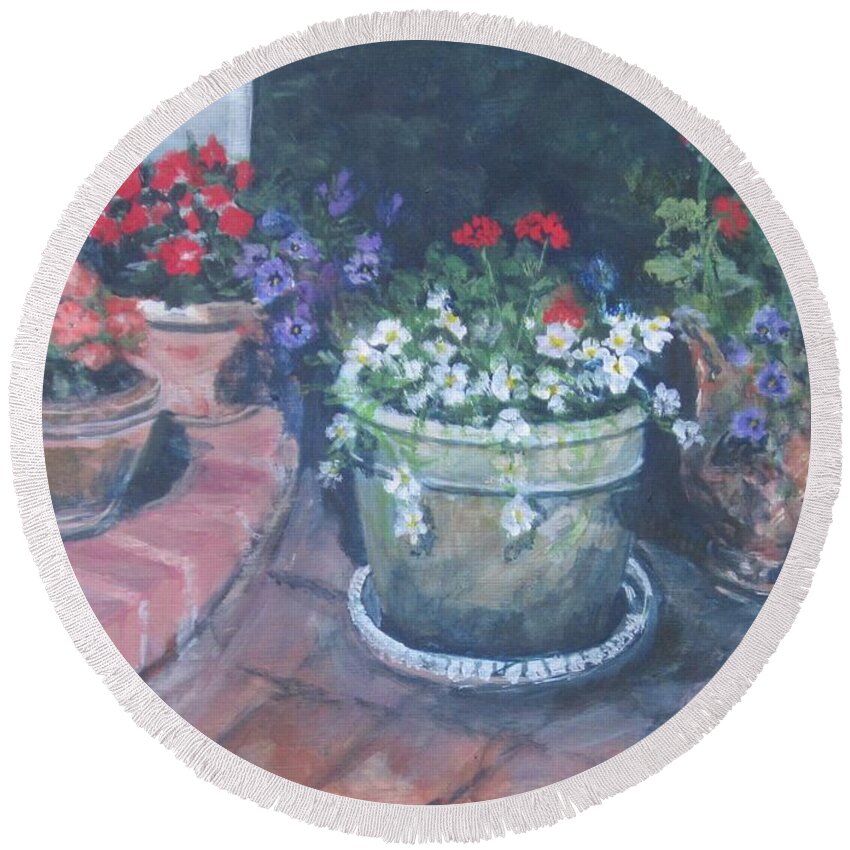 Flowers Round Beach Towel featuring the painting Potted Flowers by Paula Pagliughi