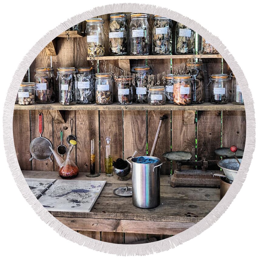 Mason Jars Bench Herbs Vintage Old Artistic Shelves Rustic Round Beach Towel featuring the photograph Potting Shed by Mick Flynn