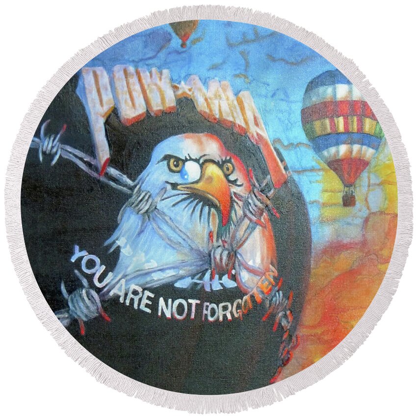 Realistic Round Beach Towel featuring the painting POW-MIA Never Forget by Sherry Strong