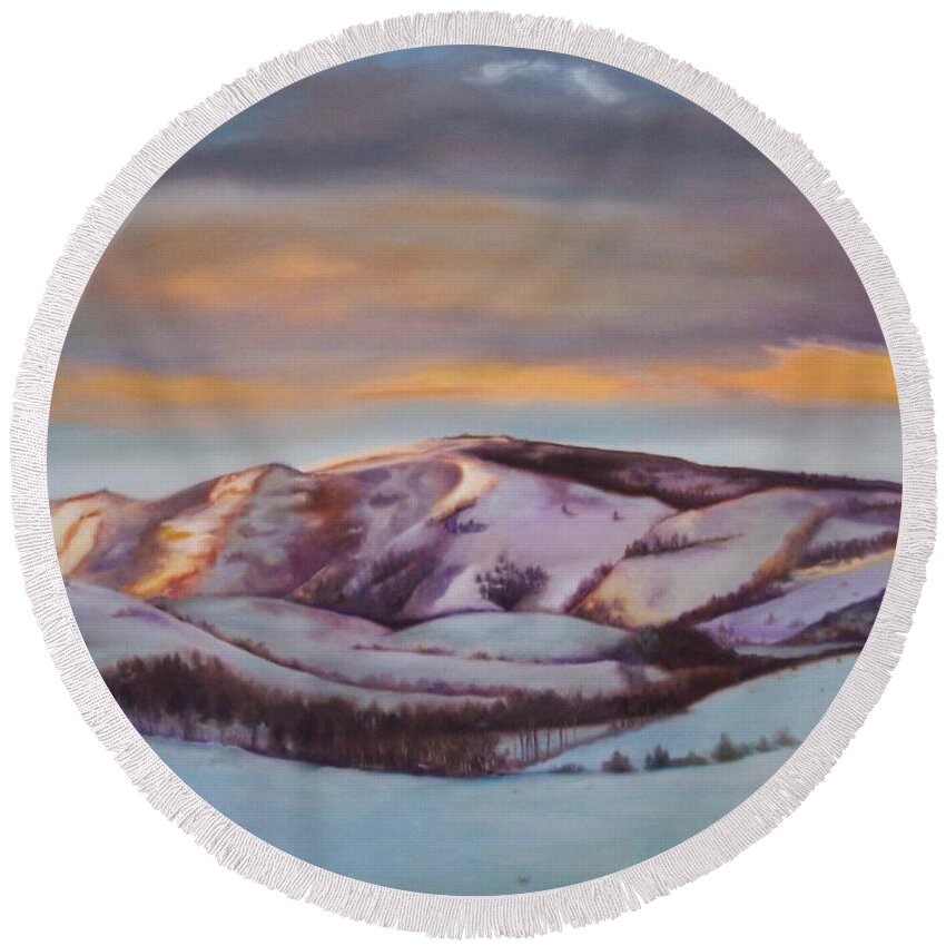 Landscape Round Beach Towel featuring the painting Powder Mountain by Marlene Book
