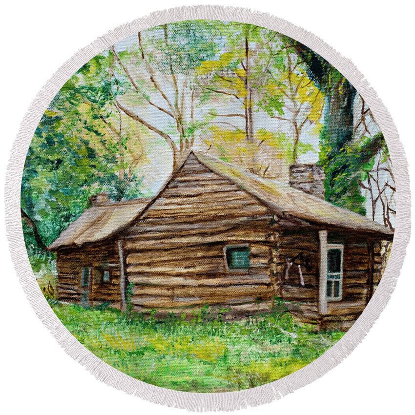 Cabin Round Beach Towel featuring the painting Antique Old Cabin by Kathy Knopp