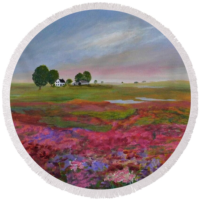 Prairie Round Beach Towel featuring the painting Prairie Farm by Lisa MacDonald