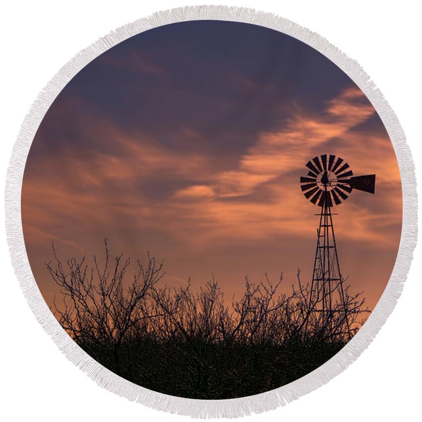 Windmill Round Beach Towel featuring the photograph Prairie Sunset by Cathy Anderson