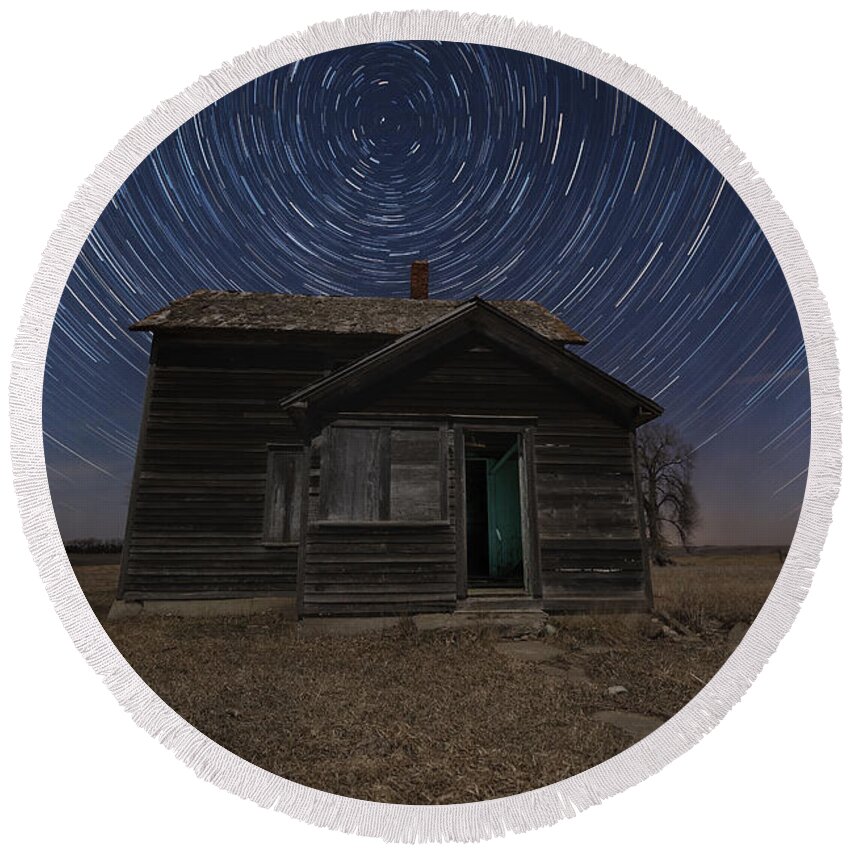 #108 #aaron J. Groen #abandoned #abandoned House #astrophotography #canon #earth #homegroen Photography #long Exposure #march #moon Round Beach Towel featuring the photograph Prairie Trails by Aaron J Groen