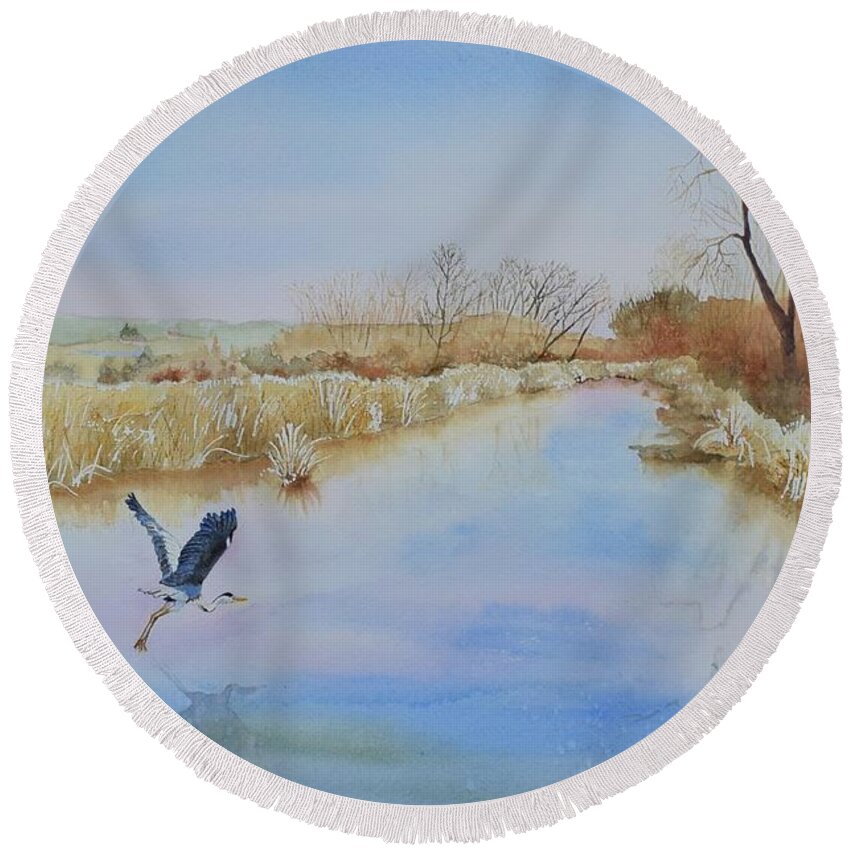 Blue Heron Round Beach Towel featuring the painting Prelude by Celene Terry