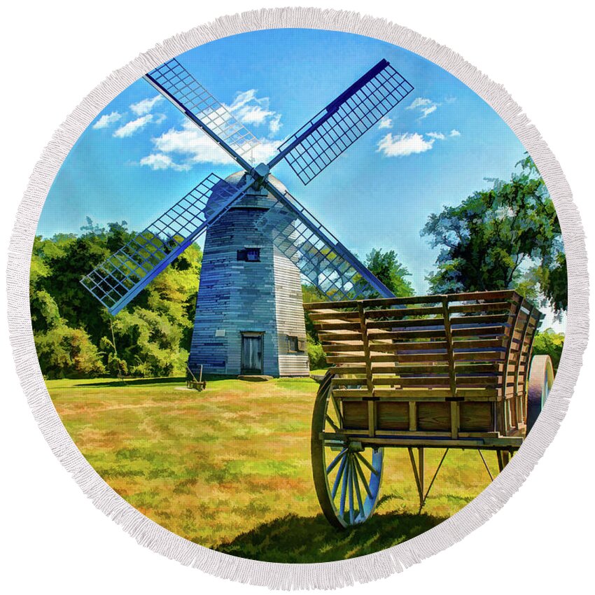 New England Round Beach Towel featuring the photograph Prescott Farm Windmill by David Thompsen
