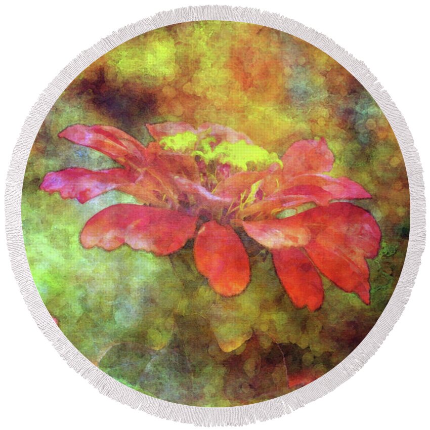 Red Zinnia Round Beach Towel featuring the photograph Presence 1294 IDP_2 by Steven Ward