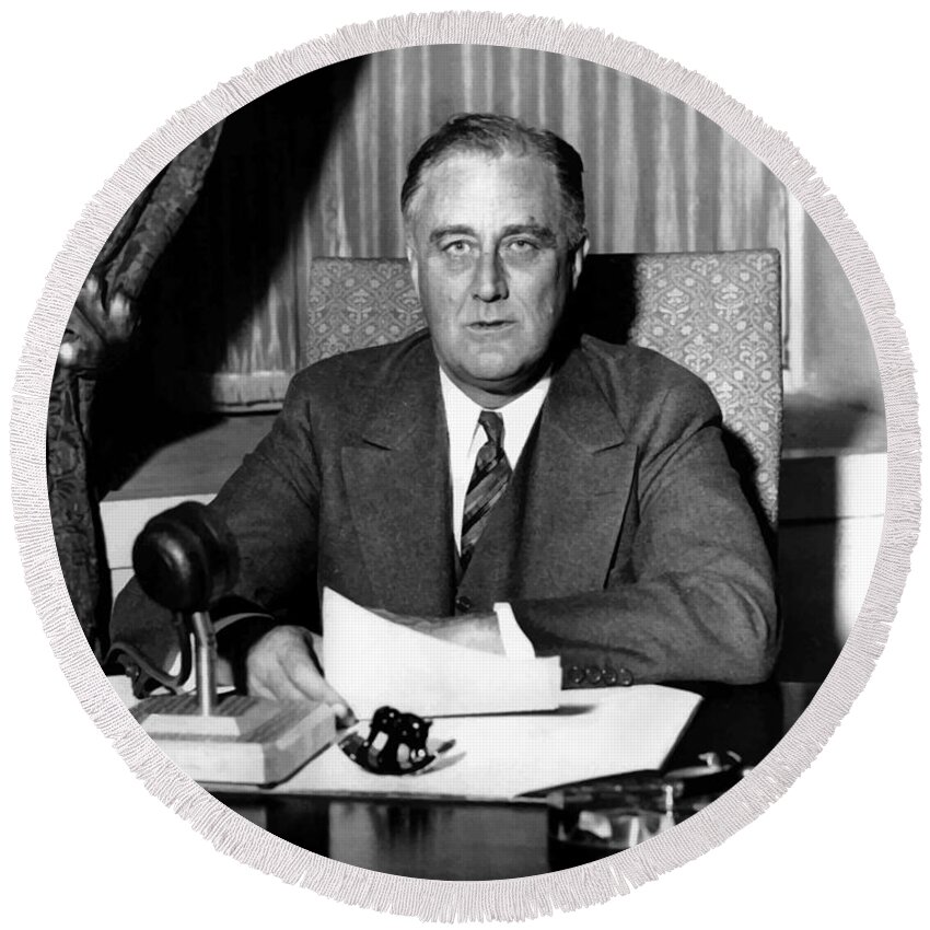 Franklin Roosevelt Round Beach Towel featuring the photograph President Franklin Roosevelt by War Is Hell Store
