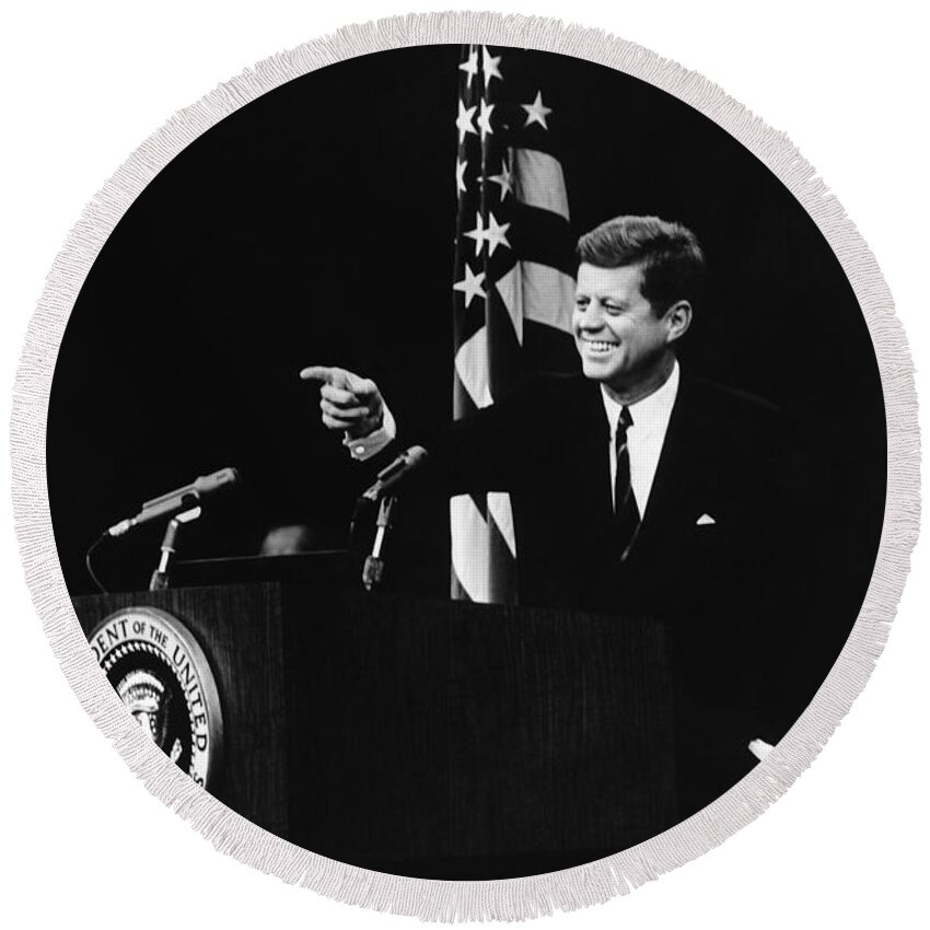 Jfk Round Beach Towel featuring the photograph President Kennedy At Press Conference - 1962 by War Is Hell Store