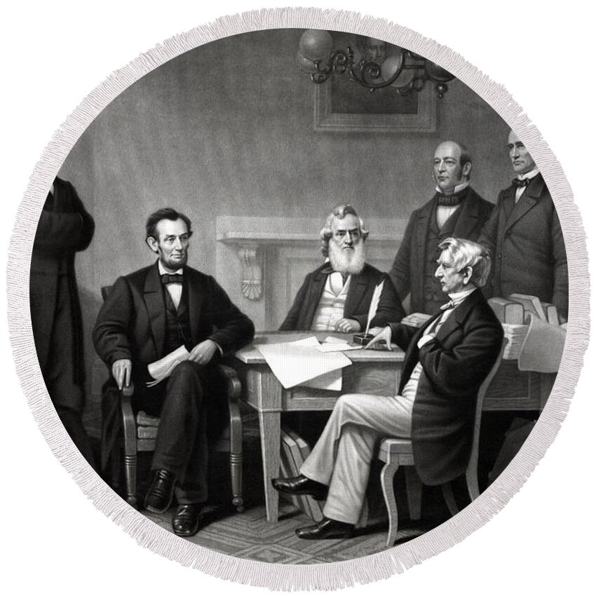 Abraham Lincoln Round Beach Towel featuring the drawing President Lincoln and His Cabinet by War Is Hell Store