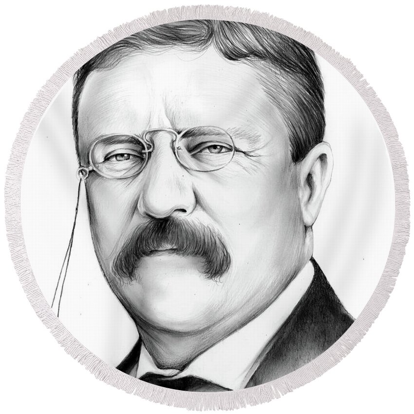 President Round Beach Towel featuring the drawing President Theodore Roosevelt 2 by Greg Joens