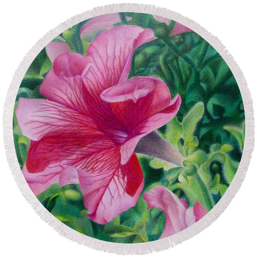 Petunias Round Beach Towel featuring the painting Pretty in Pink by Pamela Clements