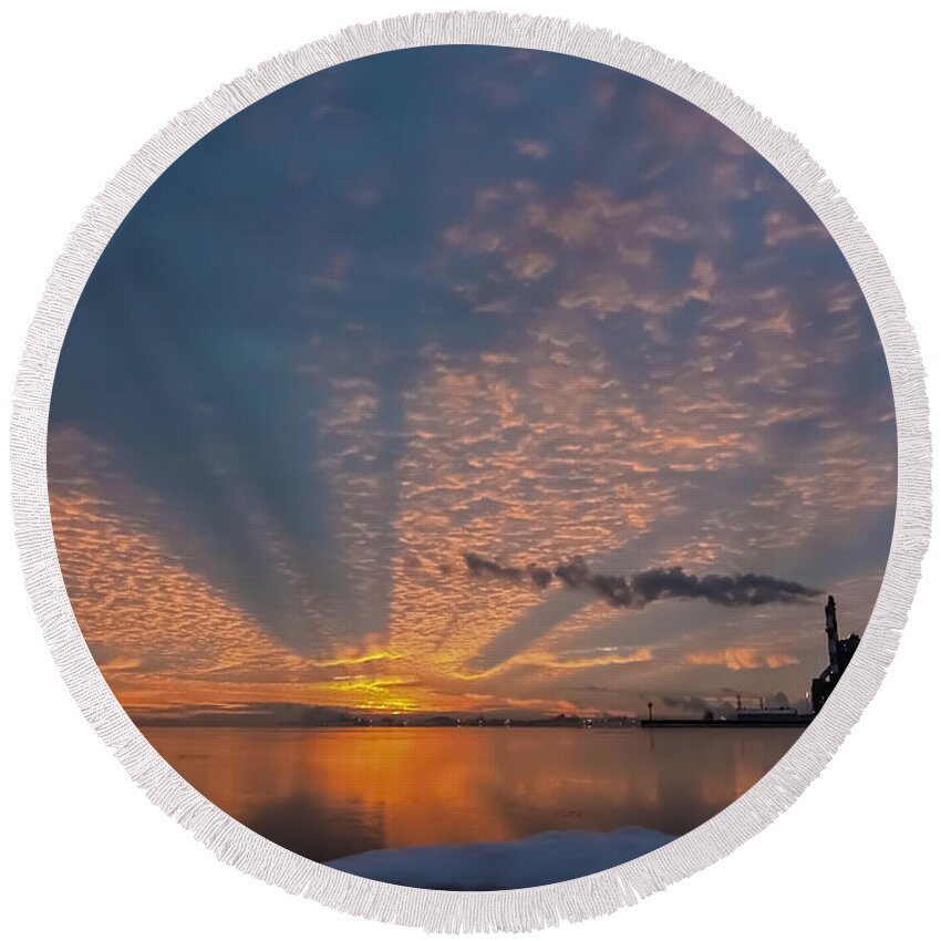 Lake Michgan Round Beach Towel featuring the photograph Pretty Industrial Sunrise by Sven Brogren