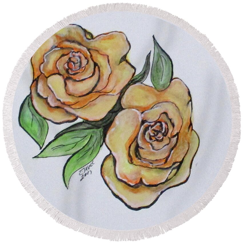 Peach Roses Round Beach Towel featuring the painting Pretty Peach Roses by Clyde J Kell