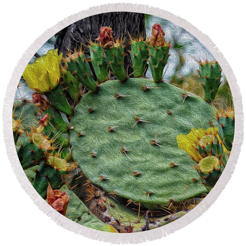 Mark Myhaver Round Beach Towel featuring the photograph Prickly Pear Flowers OP46 by Mark Myhaver