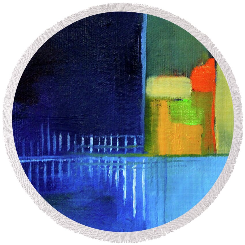 Blue Geometric Abstract Painting Round Beach Towel featuring the painting Primary Blue Abstract by Nancy Merkle