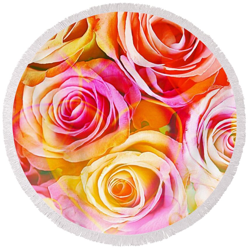 Pink Roses Round Beach Towel featuring the photograph Printed by Clare Bevan