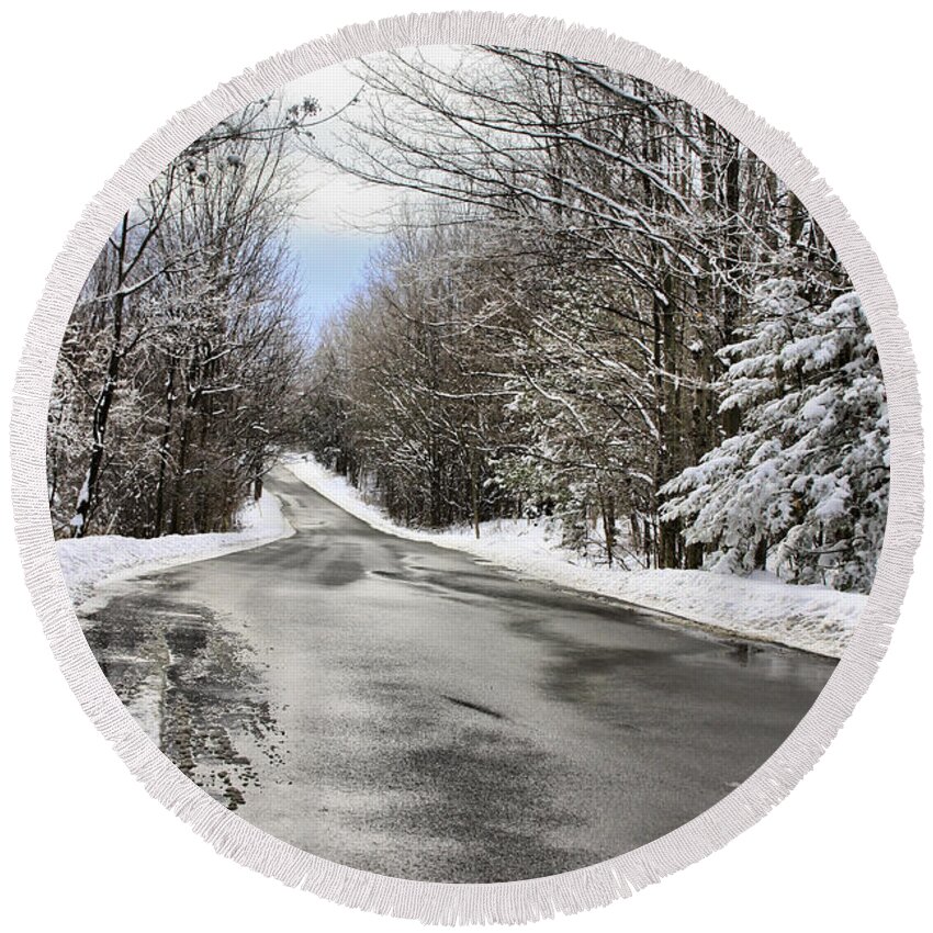 Winter Round Beach Towel featuring the photograph Private Country Road by Deborah Benoit