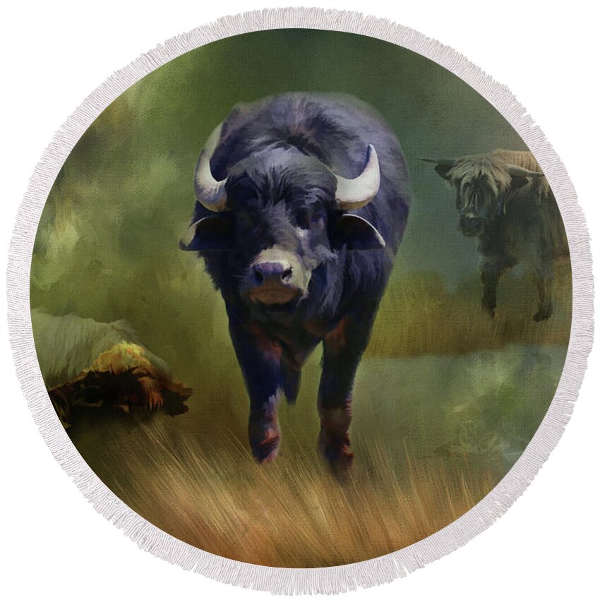Water Buffalo Round Beach Towel featuring the painting Protector by Theresa Campbell