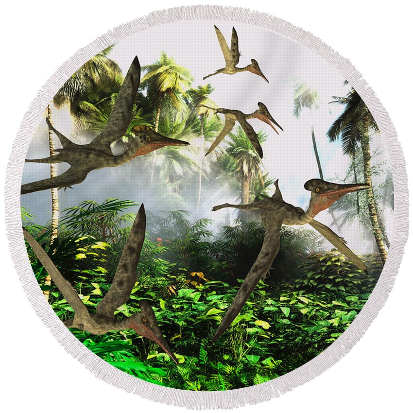 Dinosaur Round Beach Towel featuring the painting Pterodactylus Flying Reptiles by Corey Ford