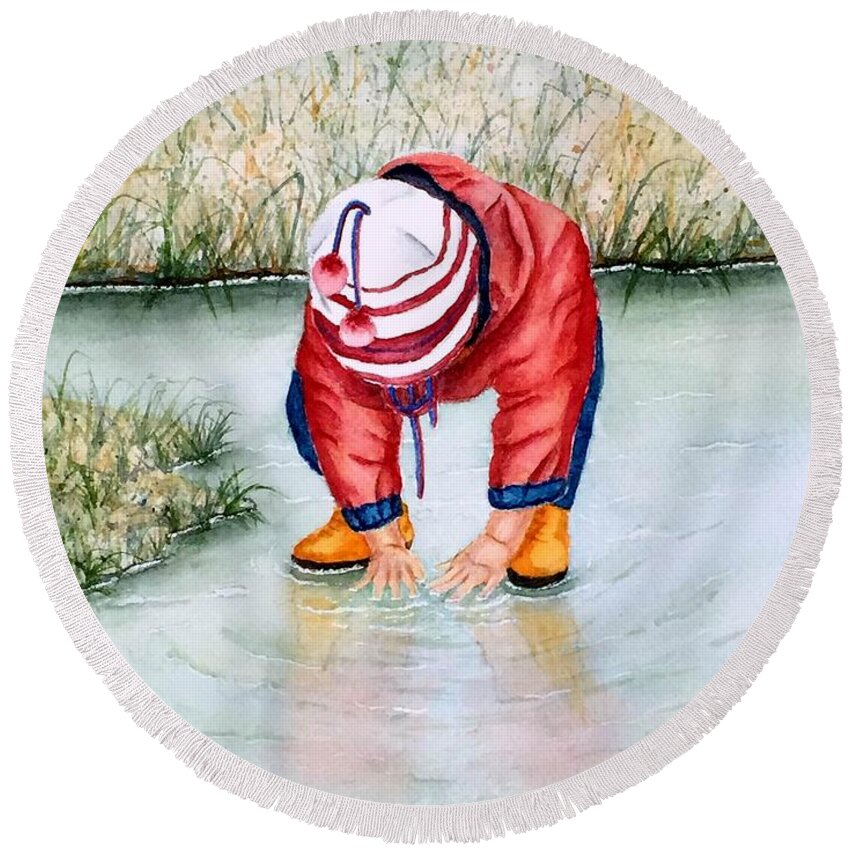 Little Girl Round Beach Towel featuring the painting Puddle Fun by Lyn DeLano