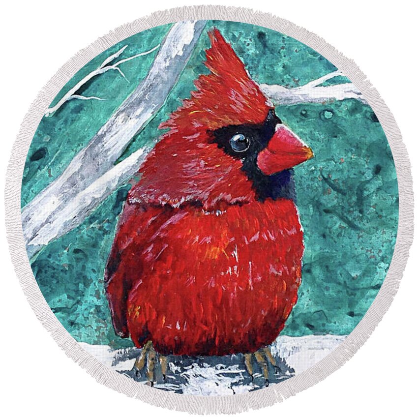 Cardinal Bird Art Round Beach Towel featuring the painting Pudgy Cardinal by Teresa Fry