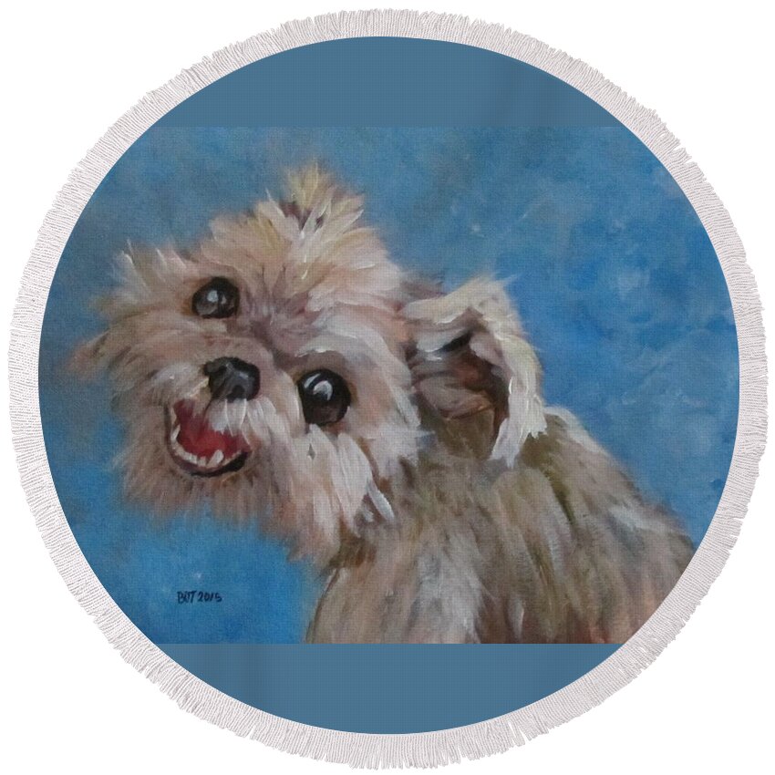 Dog Round Beach Towel featuring the painting Pudgy Smiles by Barbara O'Toole