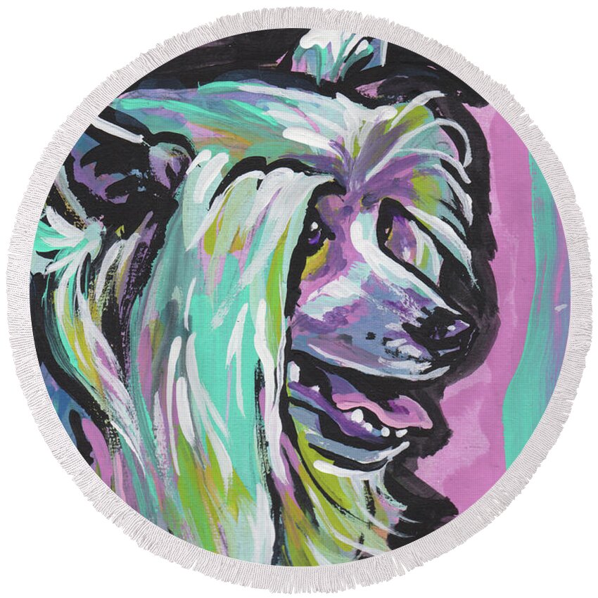 Powder Puff Chinese Crested Round Beach Towel featuring the painting Puff It Up by Lea