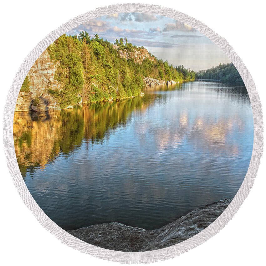 Reflections Round Beach Towel featuring the photograph Puffy Cloud Reflections At Minnewaska by Angelo Marcialis