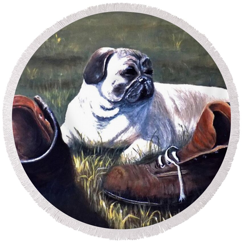 Pug Round Beach Towel featuring the painting Pug and Boots by Judy Kirouac