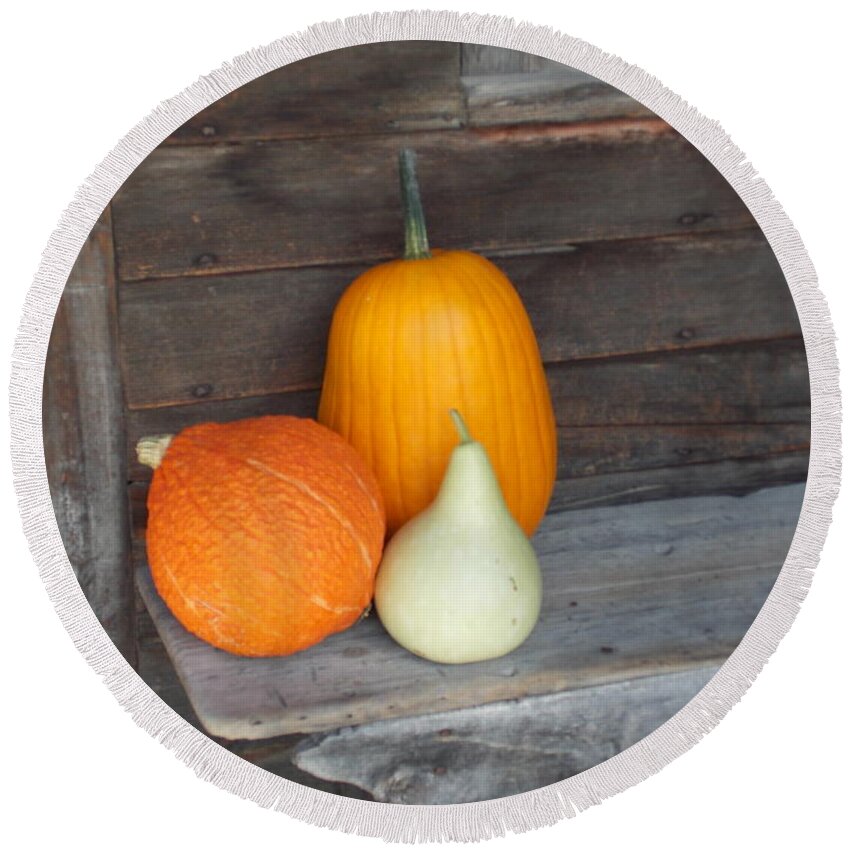 Shelburne Round Beach Towel featuring the photograph Pumpkin on a Bench by Catherine Gagne