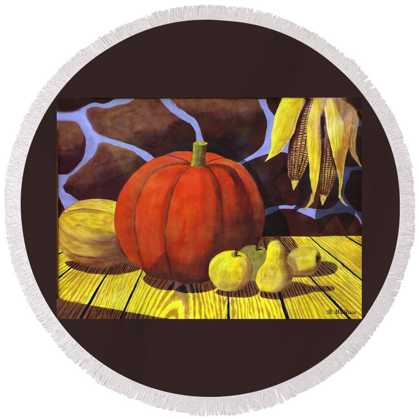 2d Round Beach Towel featuring the painting Pumpkin Still Life - Homage to Jon Gnagy by Brian Wallace
