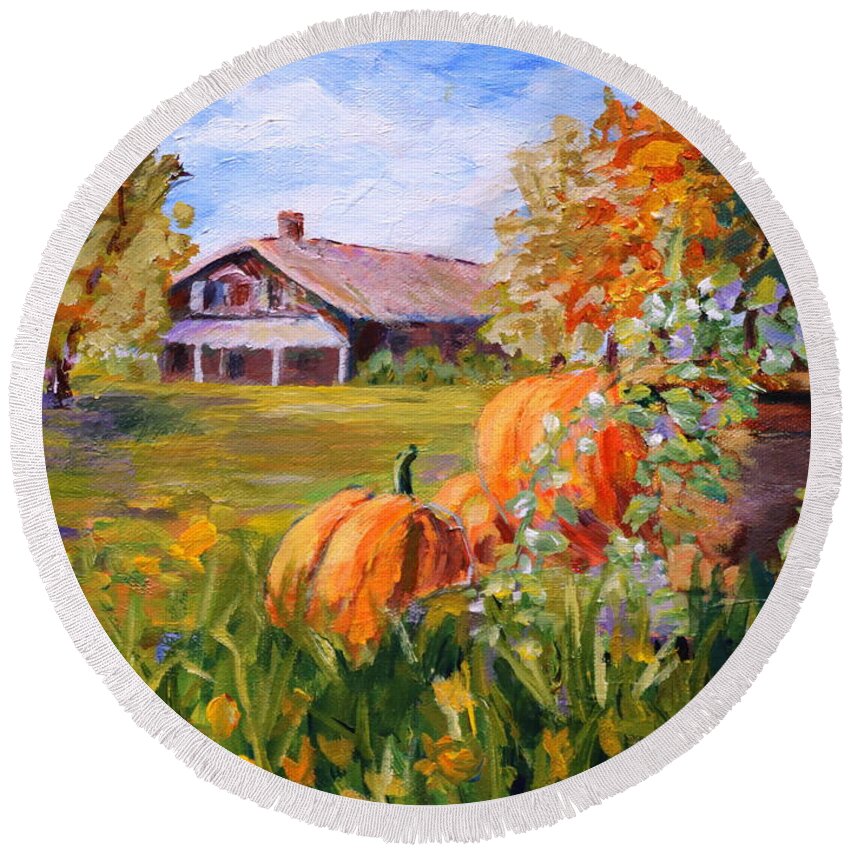 Pumpkins Round Beach Towel featuring the painting Pumpkins in the fall. by Madeleine Shulman