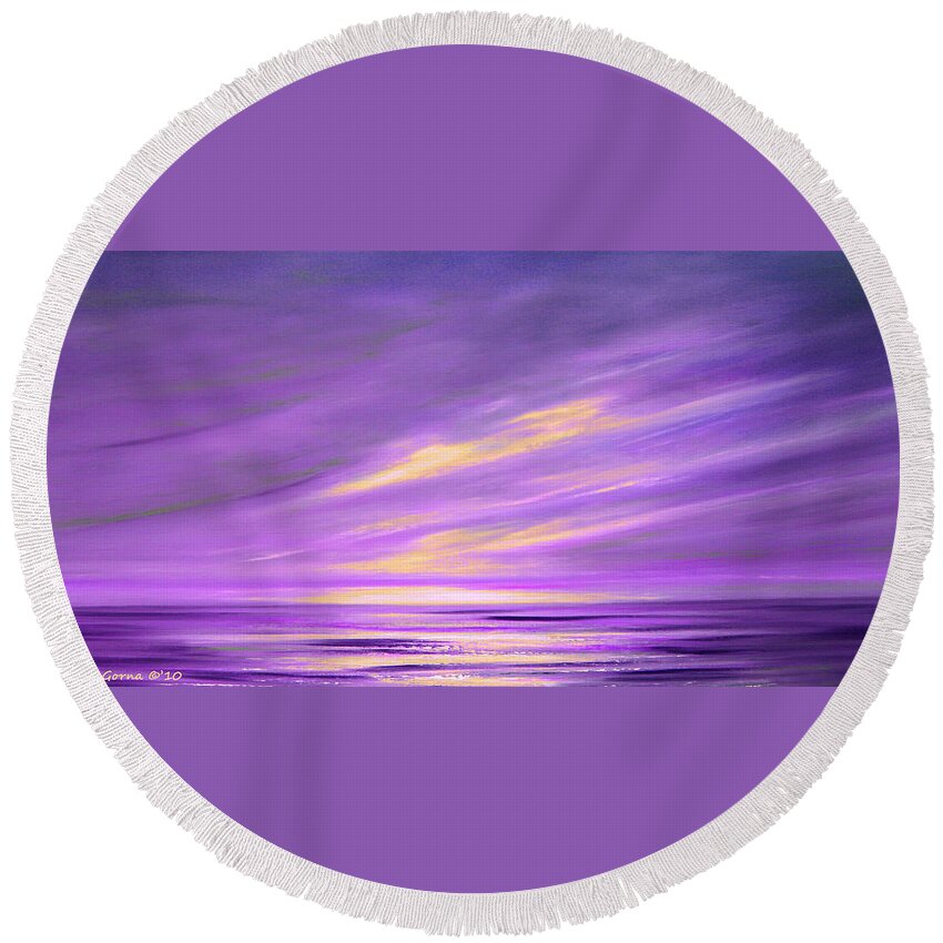 Abstract Round Beach Towel featuring the painting Purple Abstract Sunset by Gina De Gorna