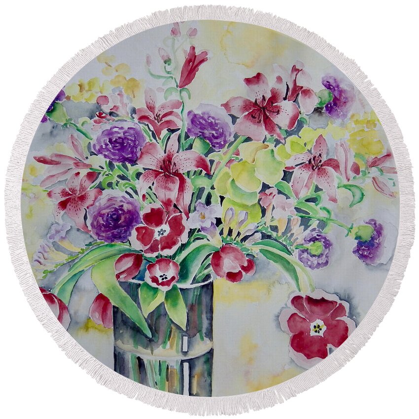 Flowers Round Beach Towel featuring the painting Purple and Yellow Delight by Ingrid Dohm