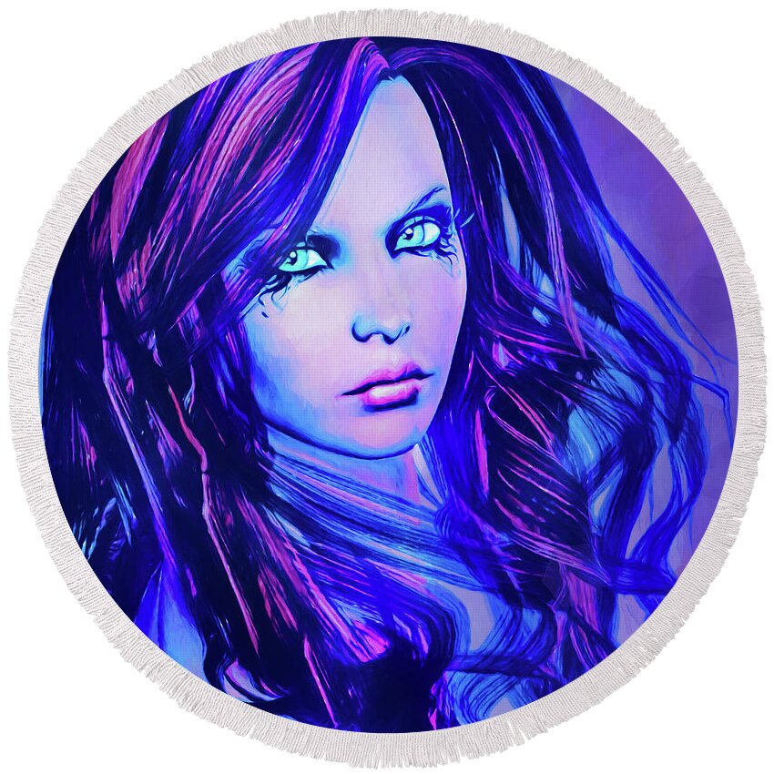 Purple Round Beach Towel featuring the digital art Purple Blue Portrait by Alicia Hollinger