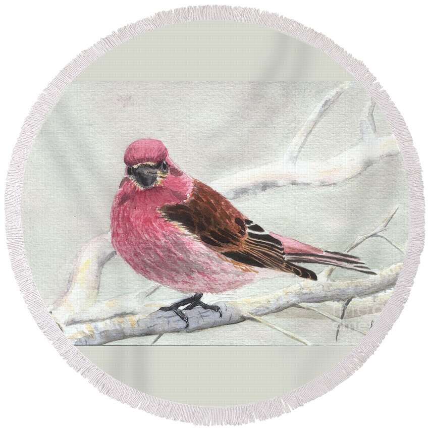 Bird Round Beach Towel featuring the painting Purple Finch by Lynn Quinn