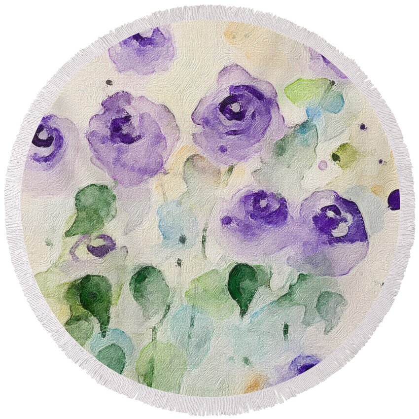 Purple Flowers Round Beach Towel featuring the mixed media Purple Flowers Art by Britta Zehm