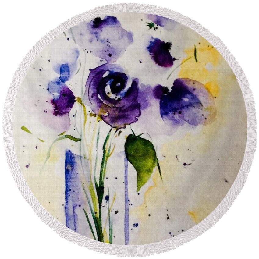 Flower Round Beach Towel featuring the painting Purple Flowers In The Vase by Britta Zehm