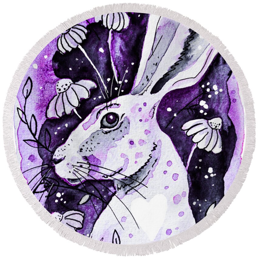 Hare Round Beach Towel featuring the painting Purple Hare by Zaira Dzhaubaeva