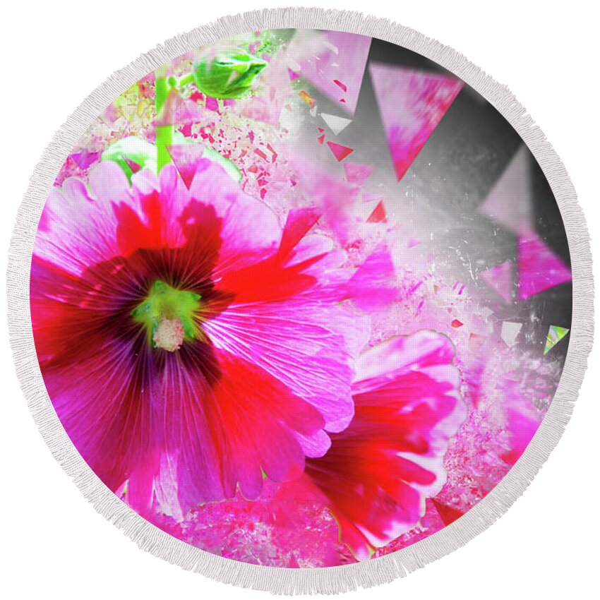 7s Fragment Round Beach Towel featuring the photograph Purple Hocks Giverny by Jack Torcello