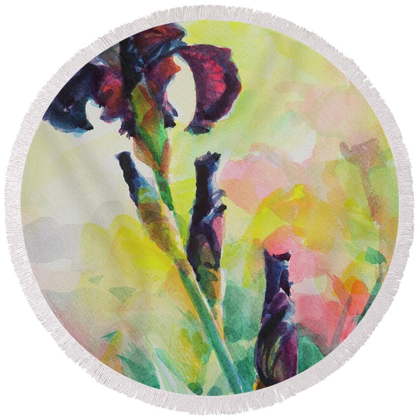 Flower Round Beach Towel featuring the painting Purple Iris by Steve Henderson