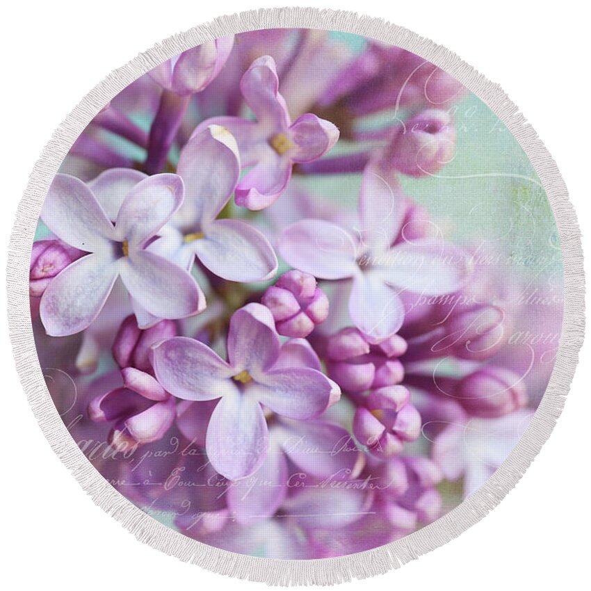 Lilac Round Beach Towel featuring the photograph Purple Lilacs With Text by Sylvia Cook